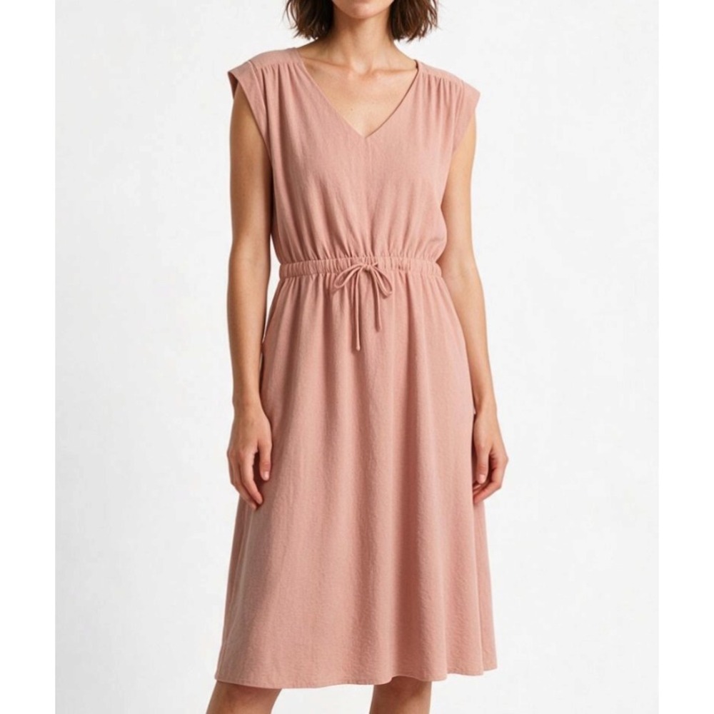 GILLI Dusty Rose CREPE Pleated Trim TIE ELASTIC WAIST Pockets SHIFT MIDI DRESS L